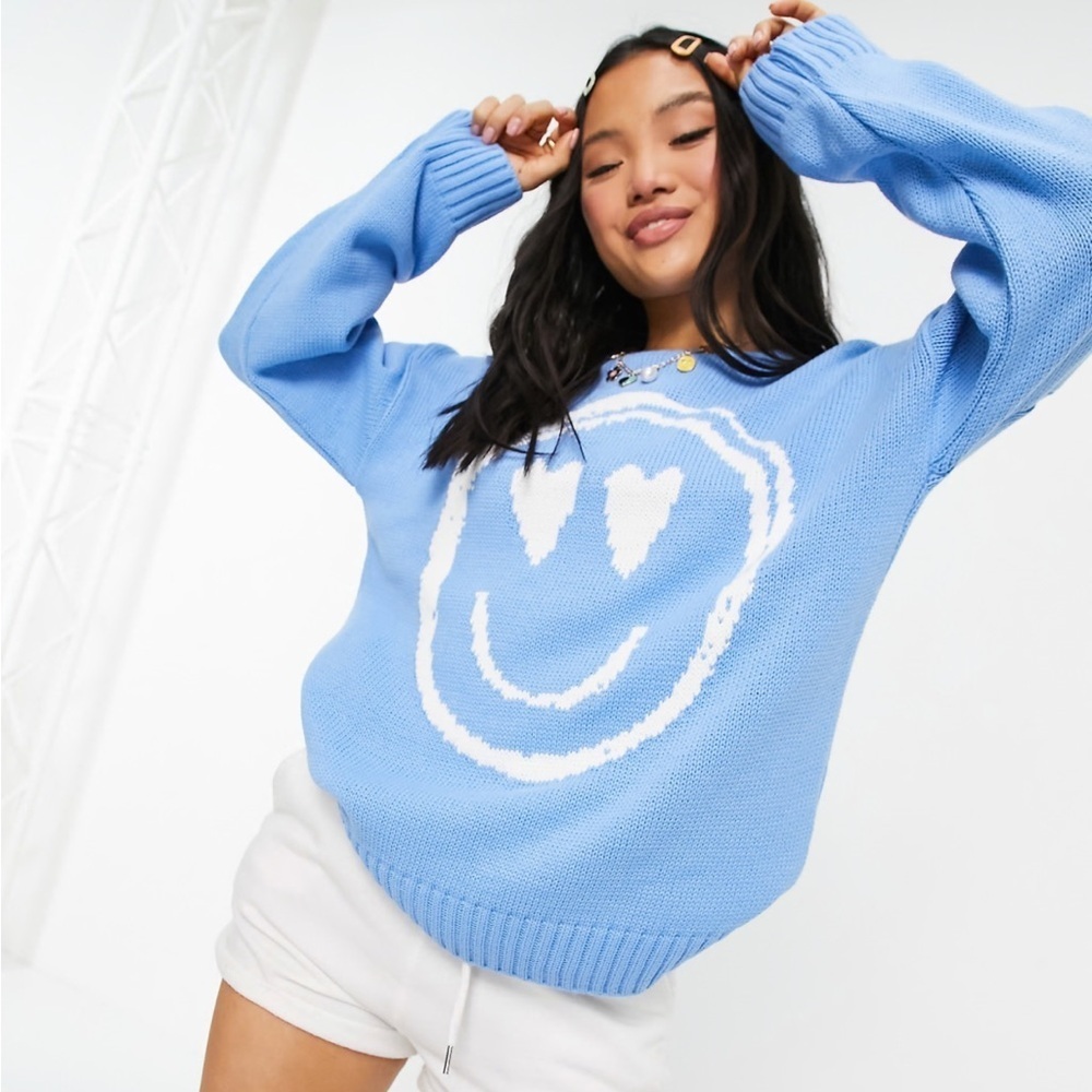 ASOS women’s petite oversized Smiley Face Sweater crew neck ribbed waist cuffs 2